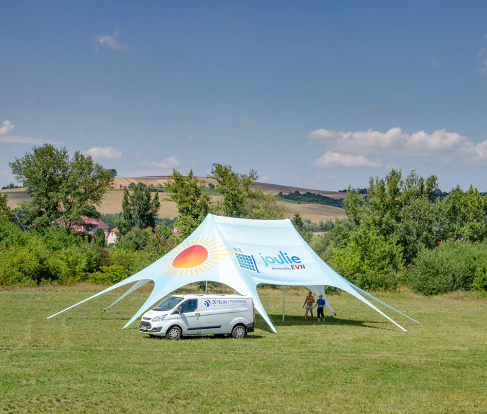 Star tent with logo print and two center poles