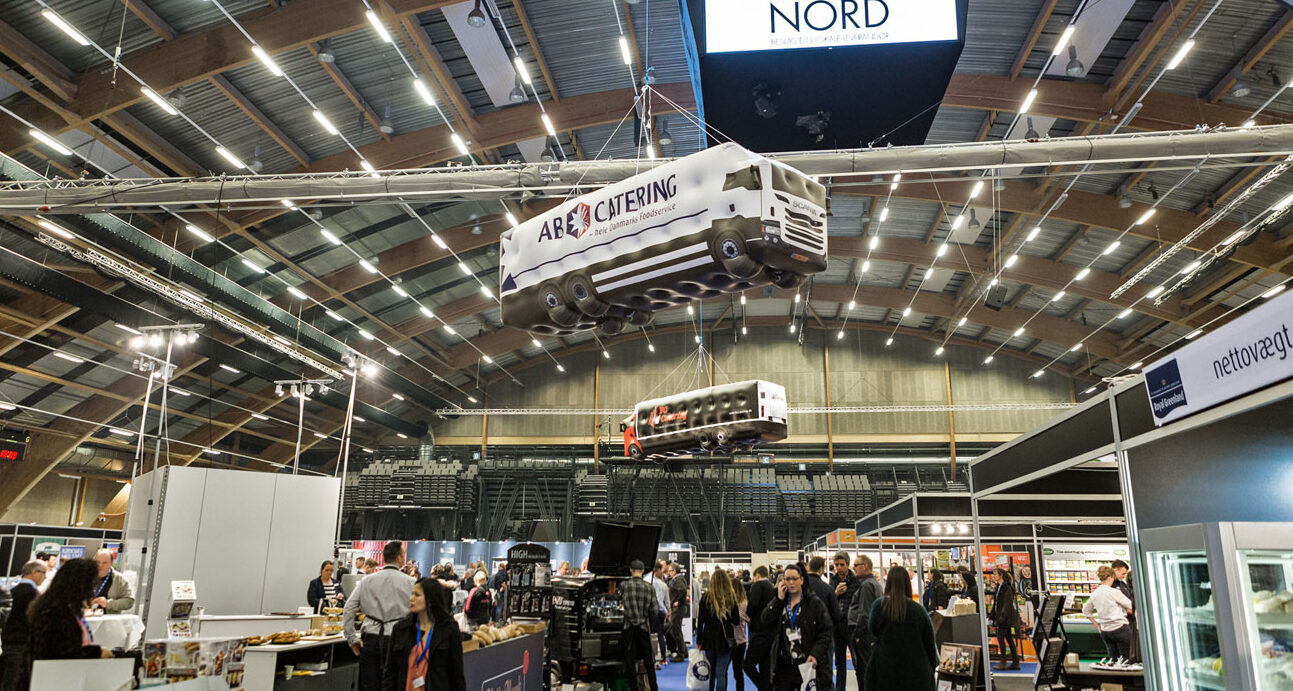 Flying advertising blimp for trade shows