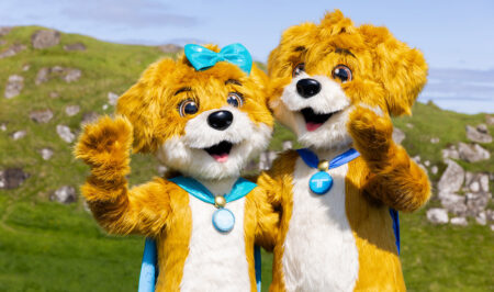 Two puppy mascot costumes for Betri Trygging